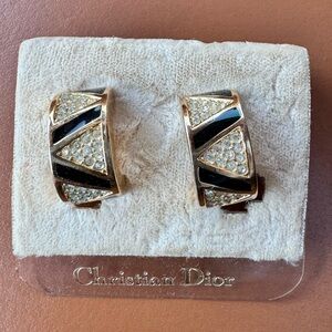 Christian Dior Vintage Rhinestone Gold and Black Geometric Earrings